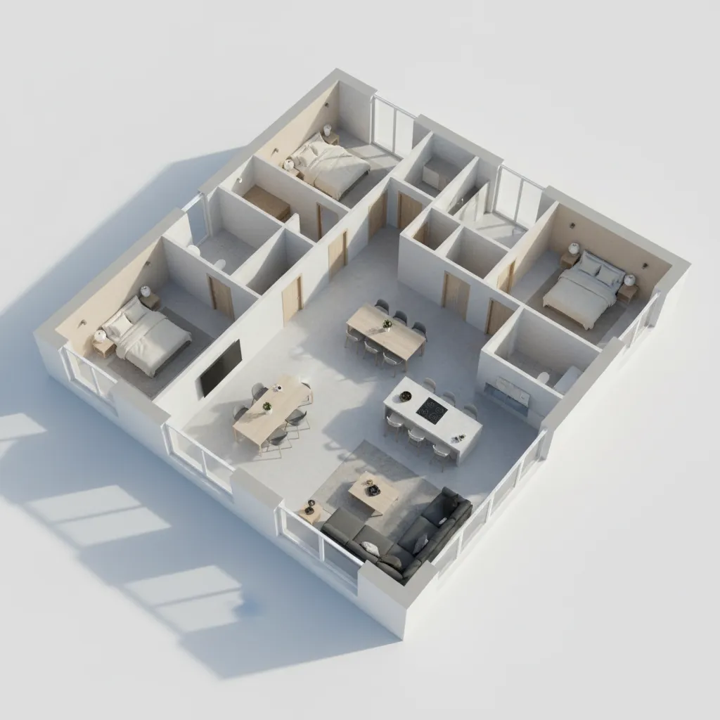 3D house layout highlighting interior partition walls requiring drywall coverage