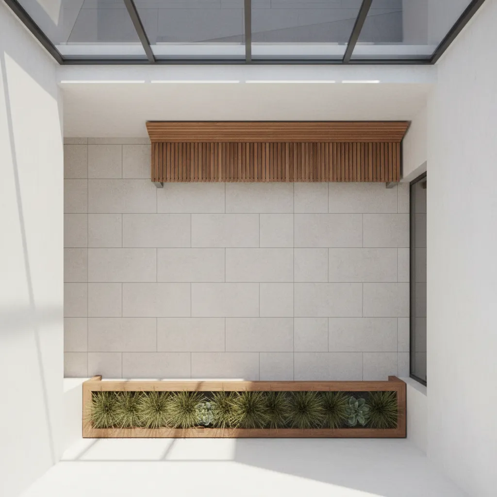 Top view interior design drawing of small patio with wooden bench planter and stone floor