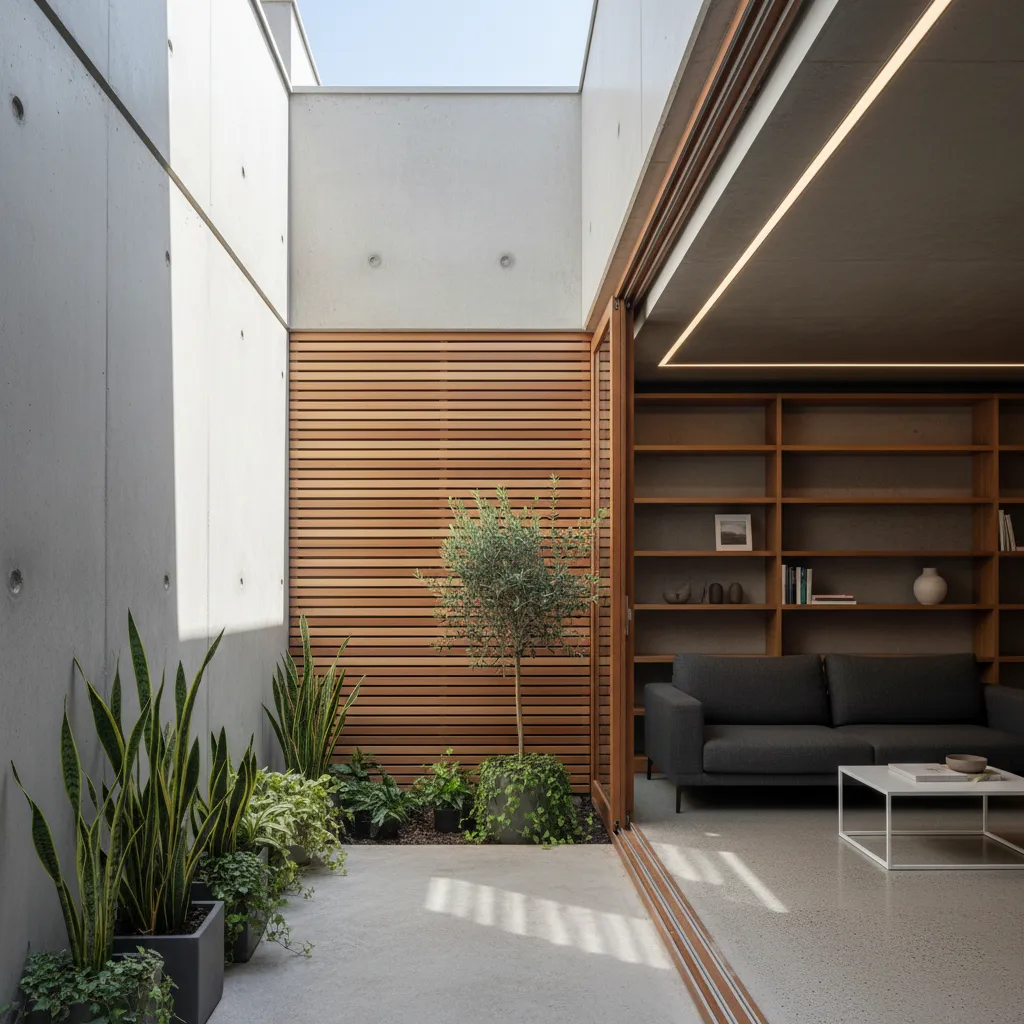 Patio interior pequeño que ilumina una casa de terreno angosto