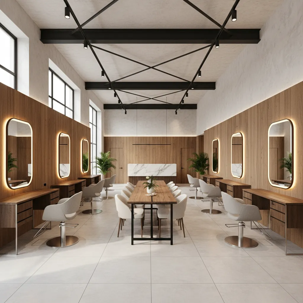 Modern hair salon interior with styling stations, wood wall panels, backlit mirrors, and wooden table