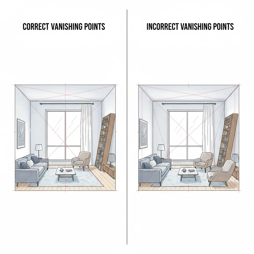 Ejemplo de errores comunes en dibujo de perspectiva interior