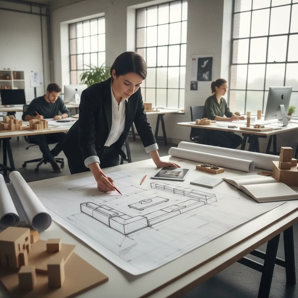 Diseñador revisando proporciones de muebles en una perspectiva interior