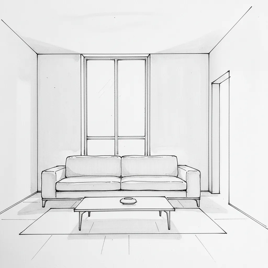 Boceto en perspectiva de un salón dibujado a mano alzada