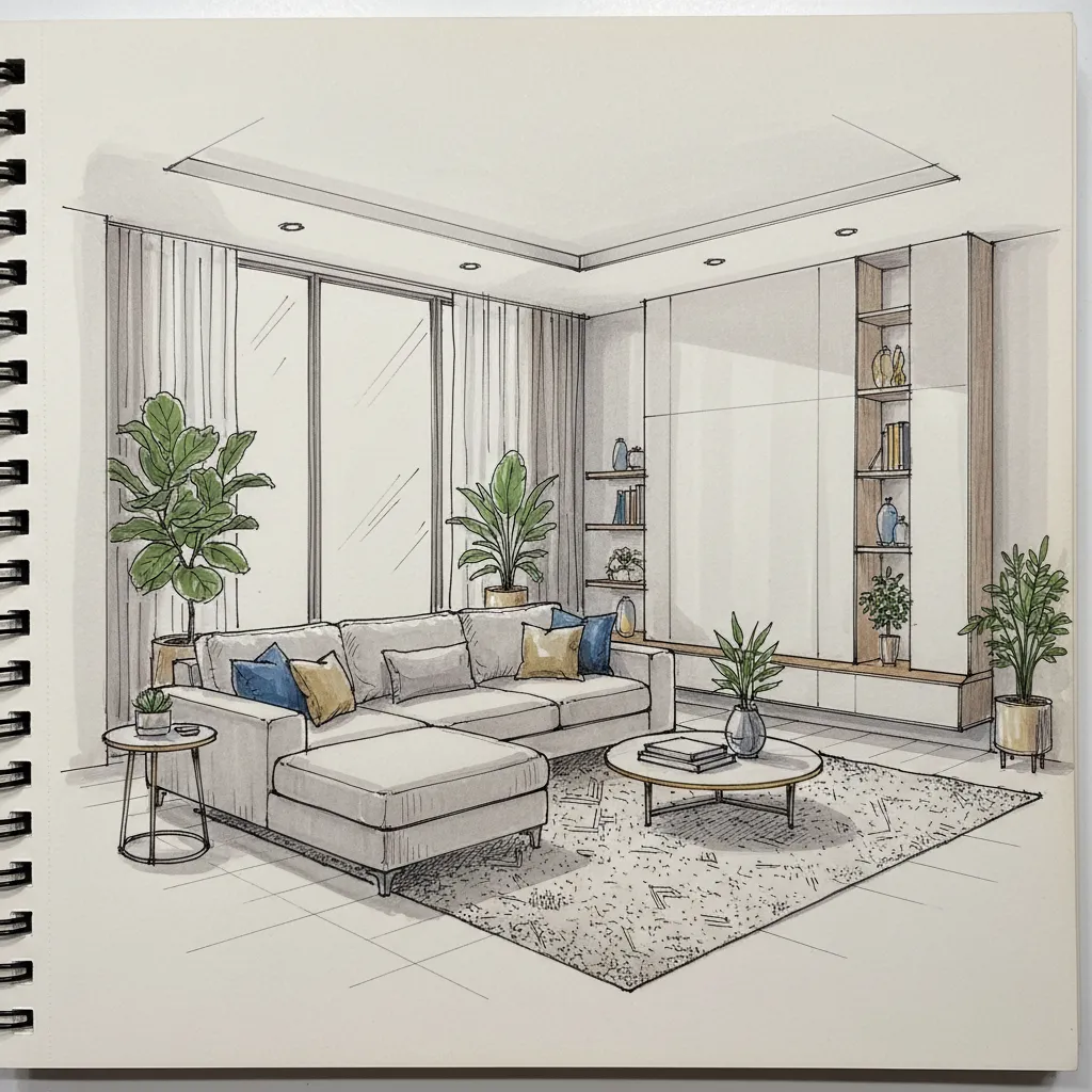 Boceto en perspectiva de una sala de estar dibujado a mano