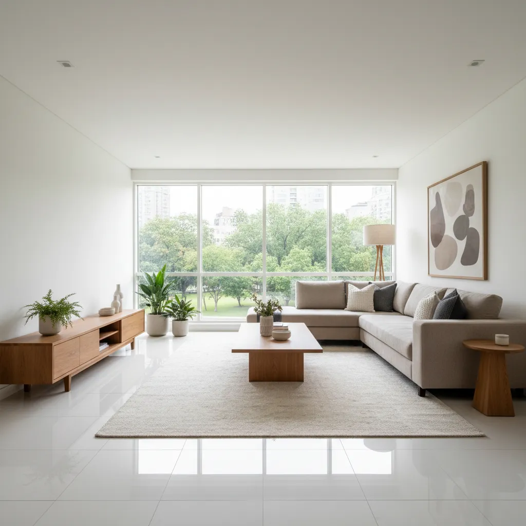 Modern living room with white tile floor large windows green trees view and beige sofa