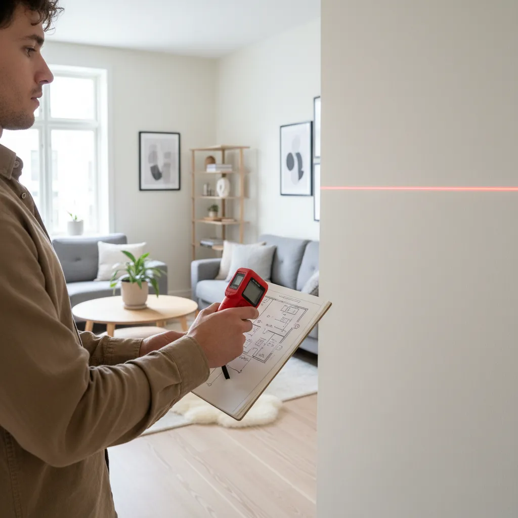 Persona midiendo una habitación antes de diseñarla en software de interiores