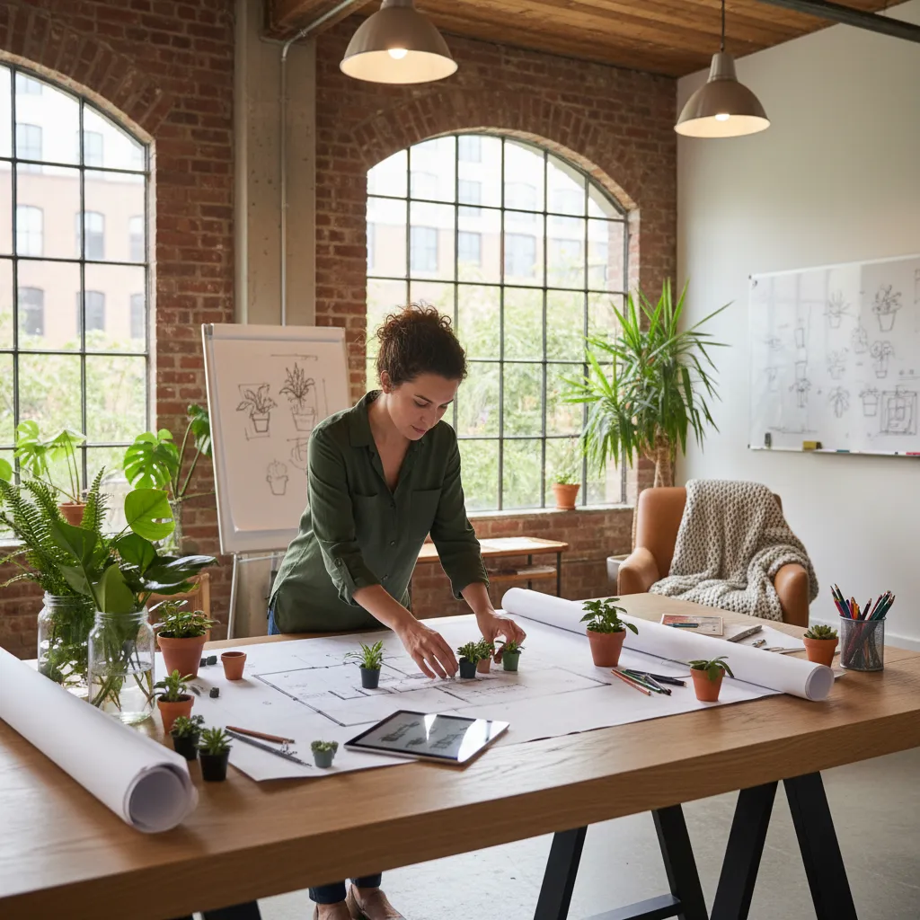 diseñador planificando jardín interior en estudio