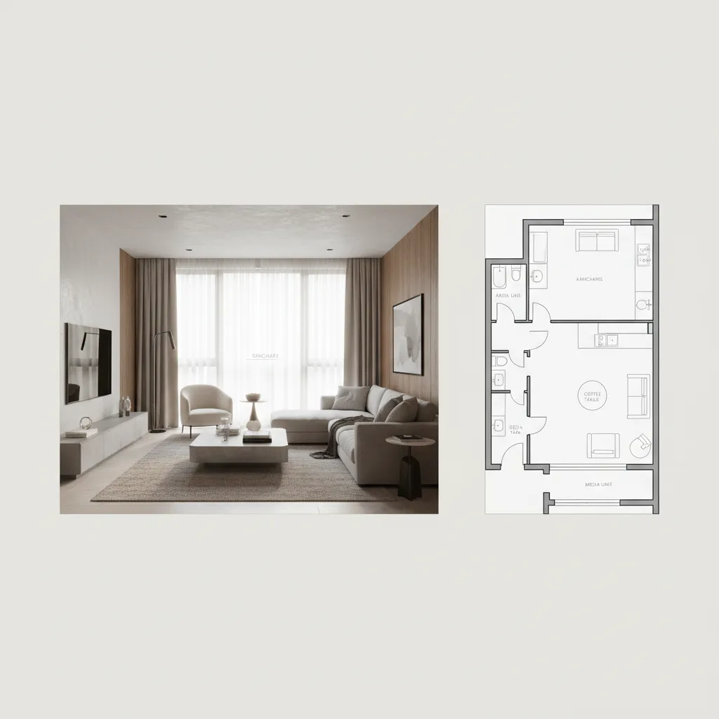 Página de portfolio mostrando render de salón moderno junto a plano del espacio