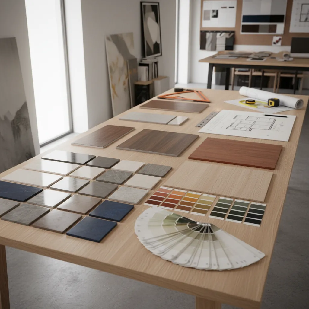 Material quantity planning for interior finishes including tiles wood and paint samples