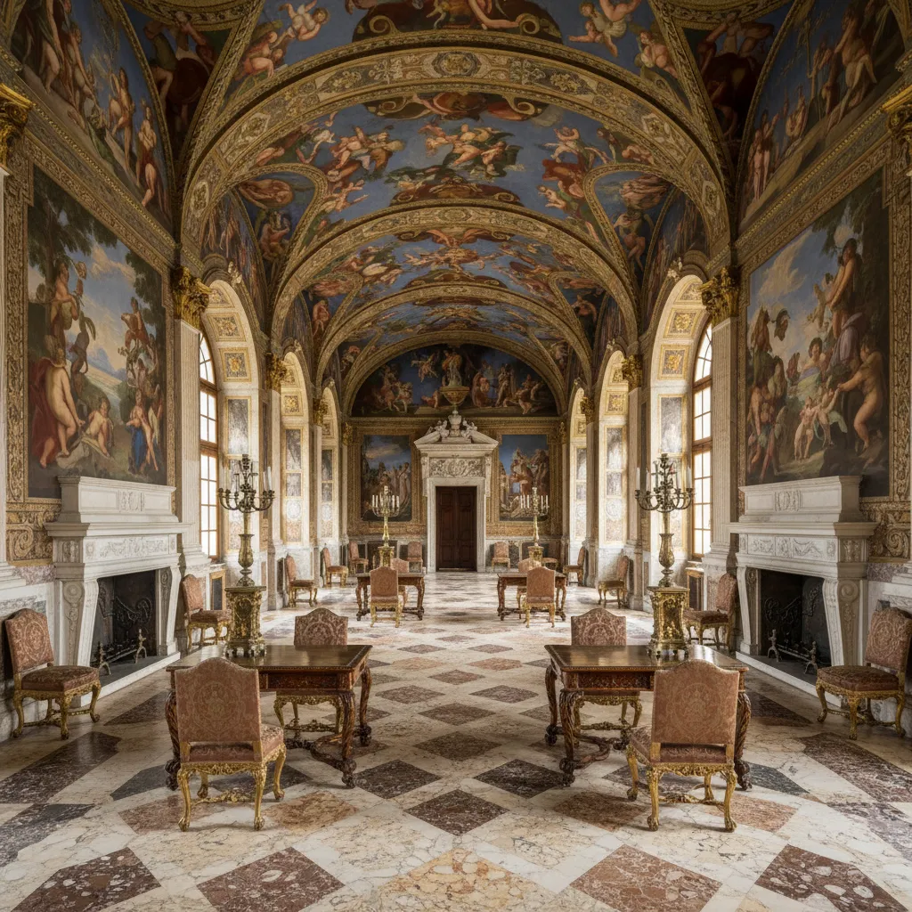 Interior renacentista con simetría, frescos y mobiliario clásico