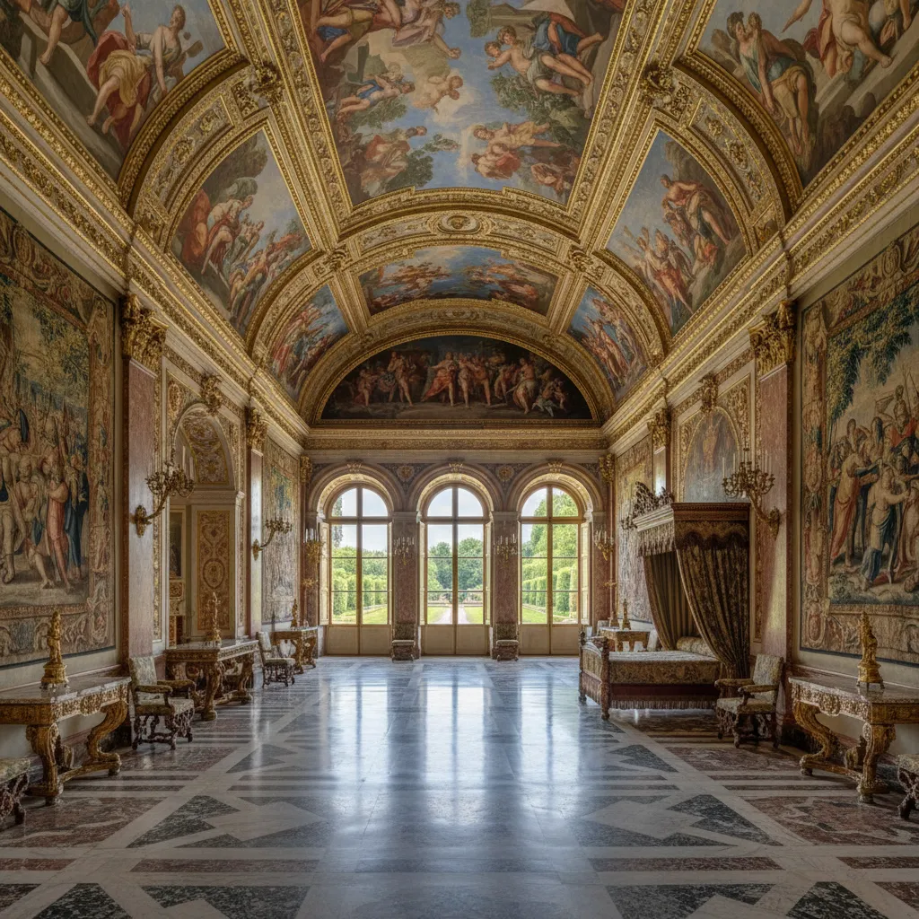 Interior de palacio renacentista con simetría y decoración clásica