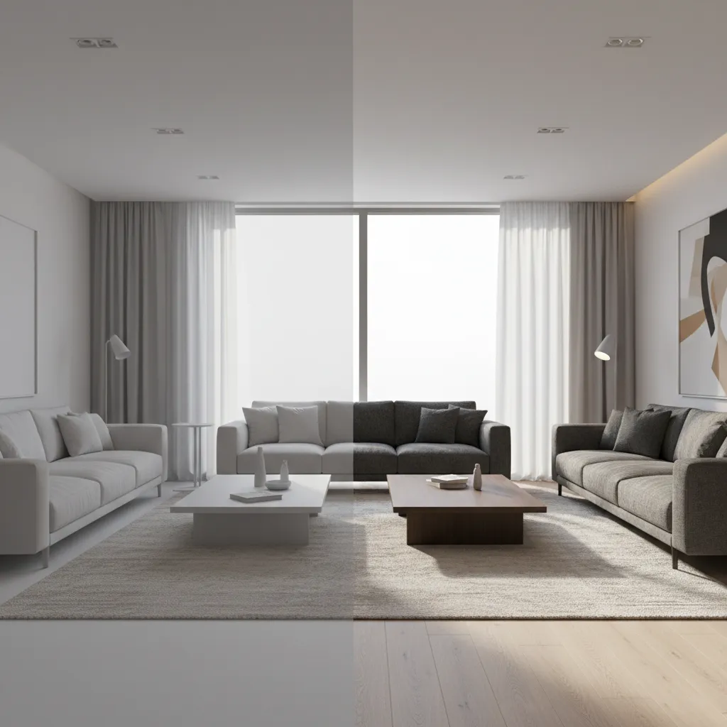 comparison between flat 3D model and photorealistic interior render