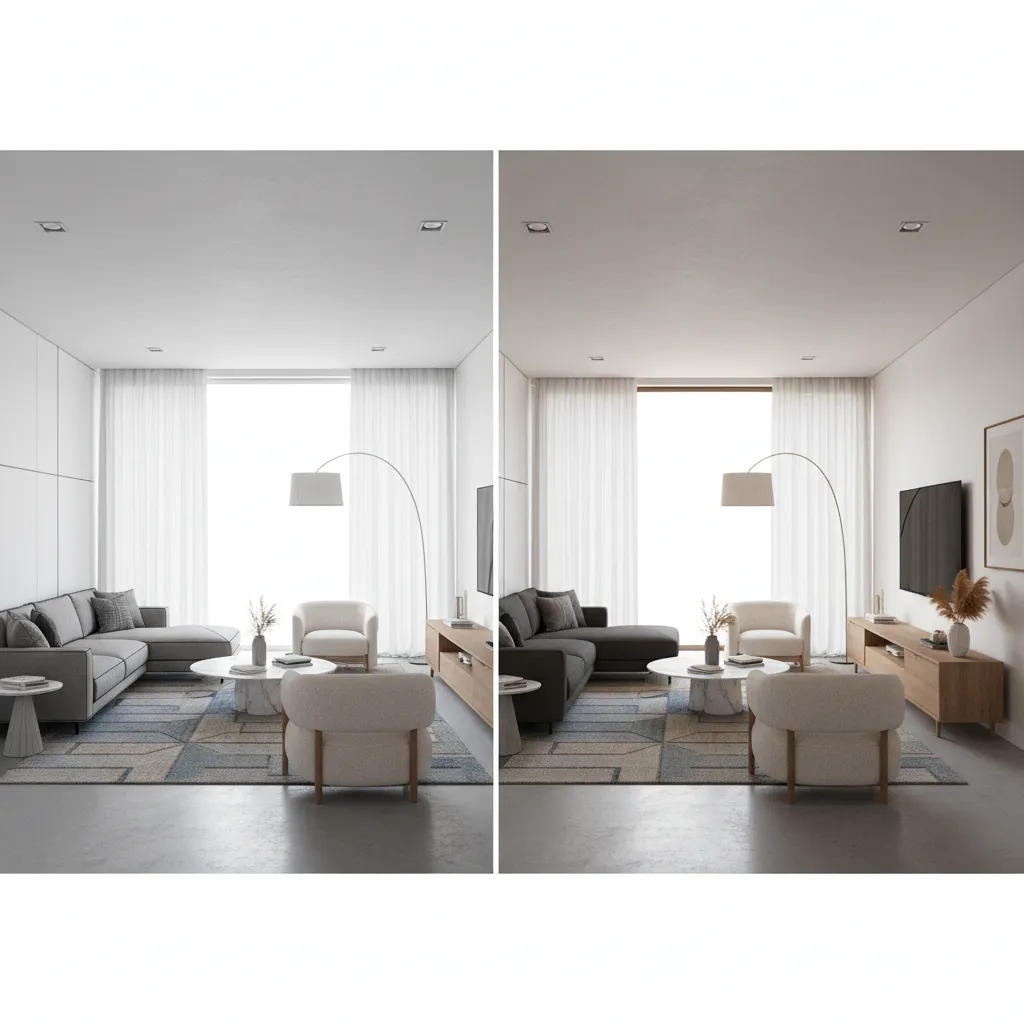 Comparison between simple room layout and finished rendered interior design