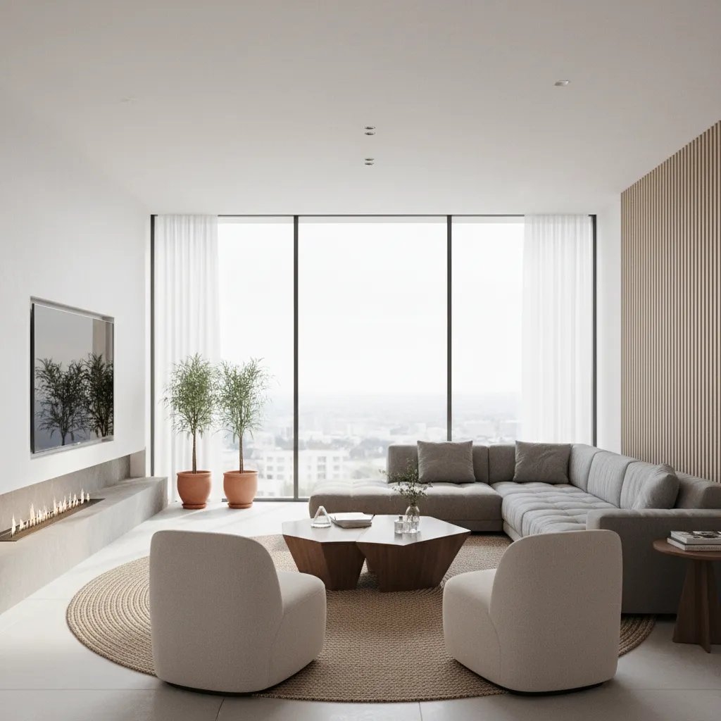 eye level camera angle interior render showing balanced living room layout