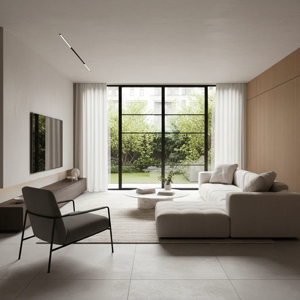 Modern living room with white sofa, dark chair, wood wall panel, large windows, and garden view