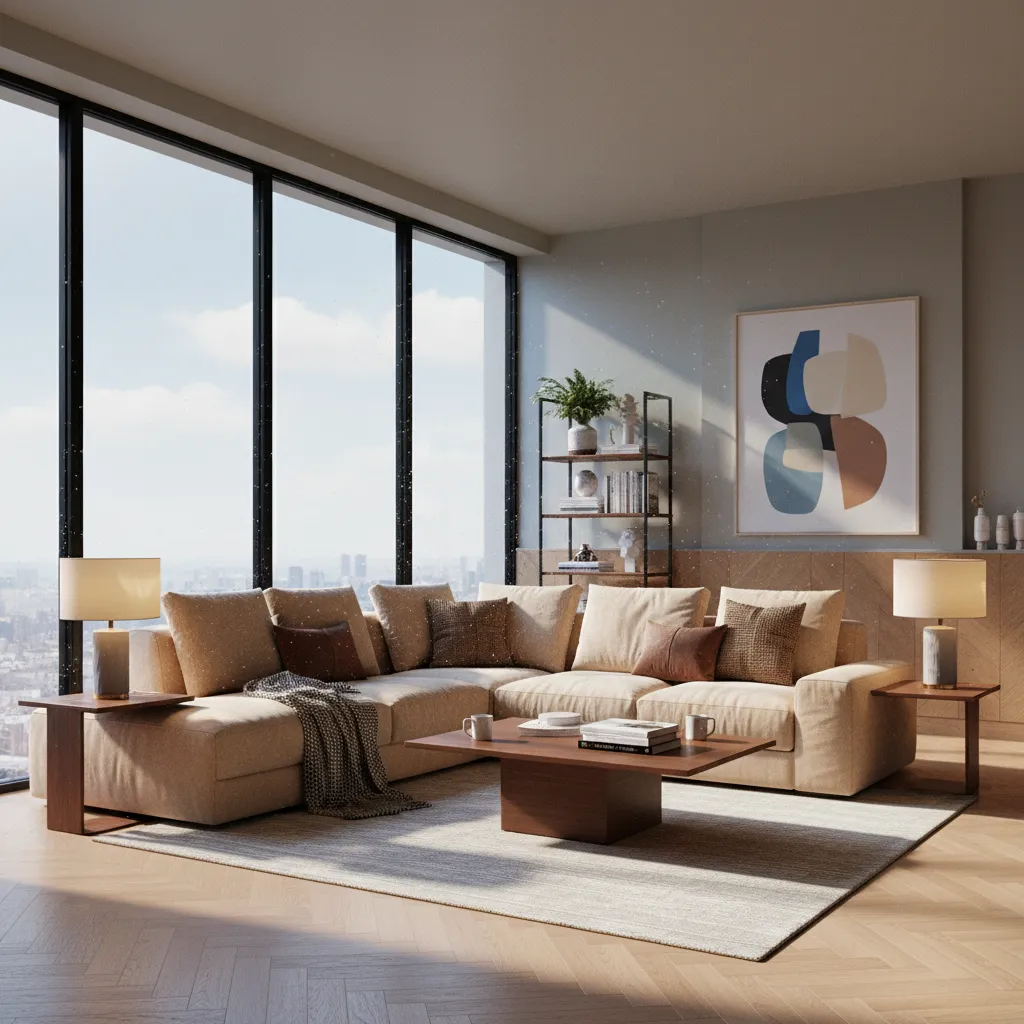 3D rendered living room showing warm indoor lighting mixed with daylight