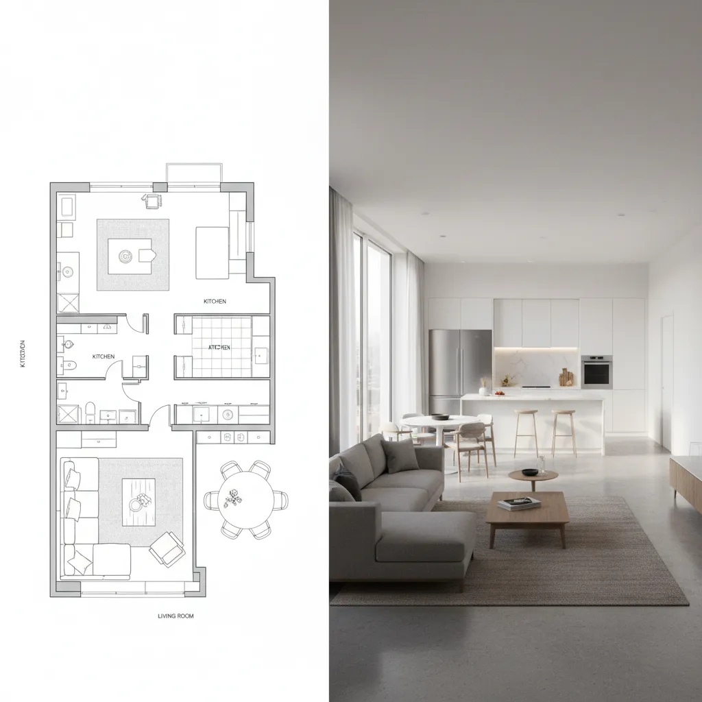 Comparación entre plano 2D y render 3D de un mismo espacio