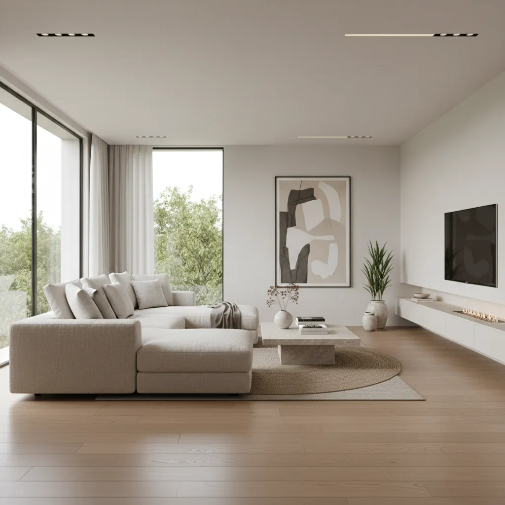 Render realista de una sala moderna generado con software de diseño interior