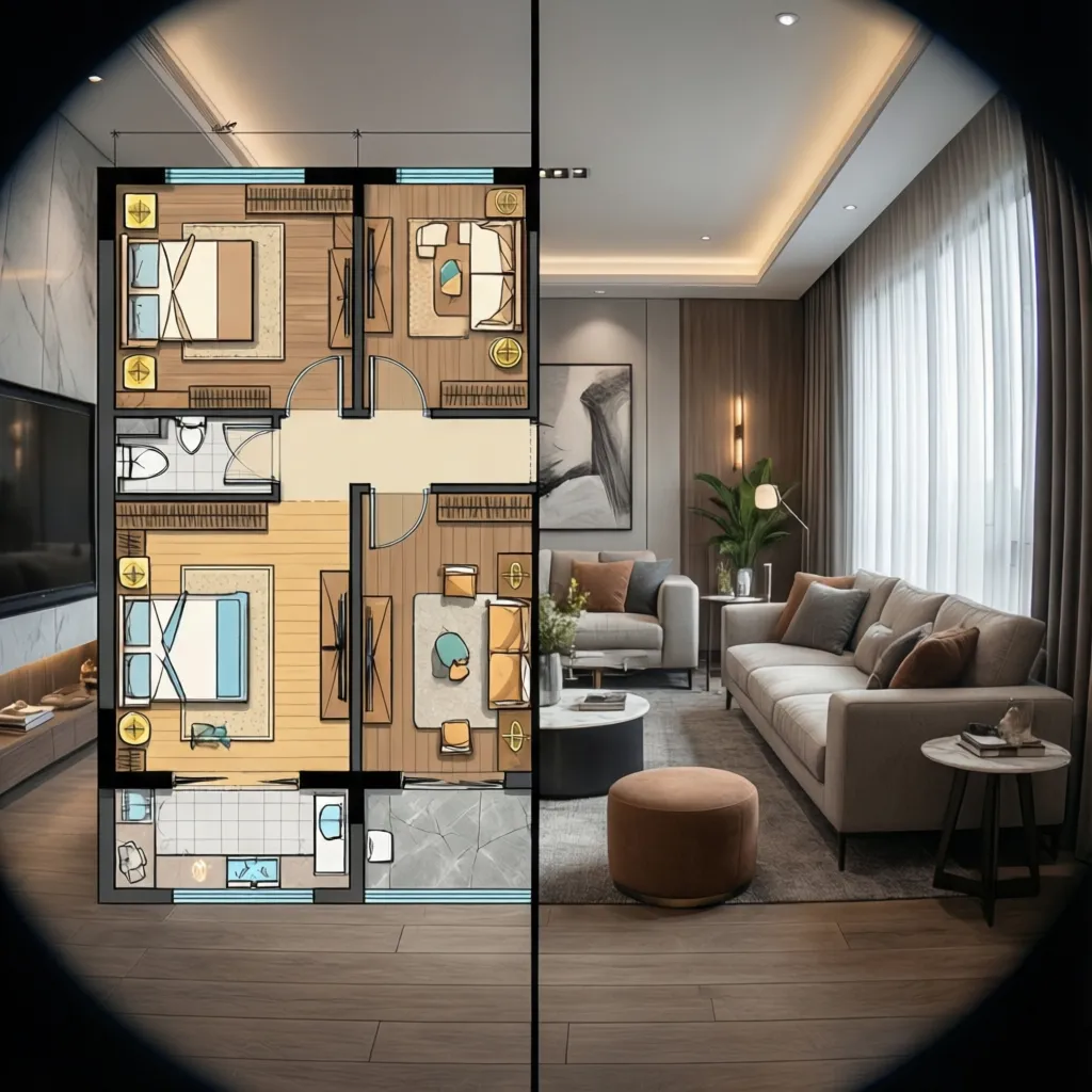 Comparación entre plano de diseño interior y render final realista
