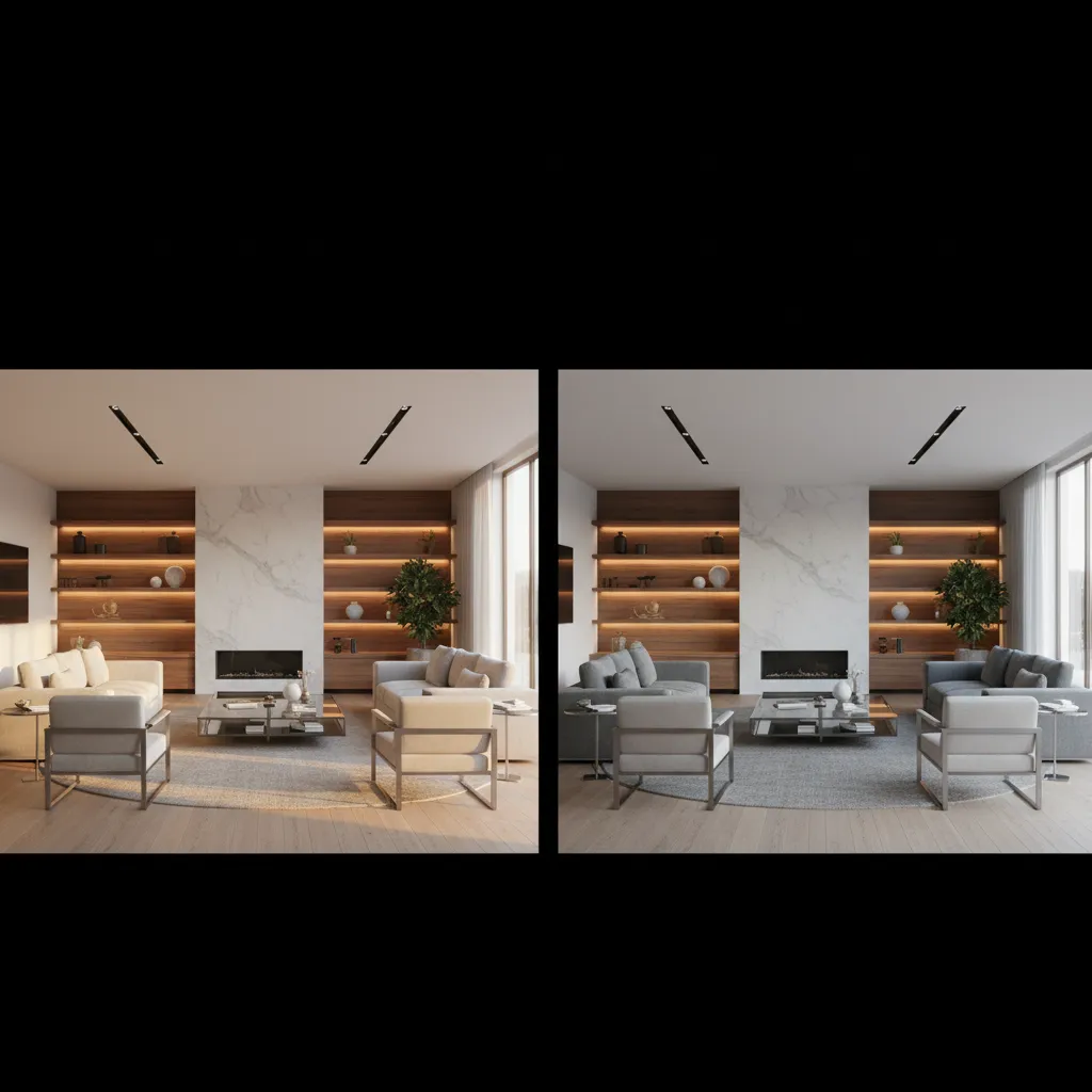 comparison of realistic interior render styles with modern furniture and lighting