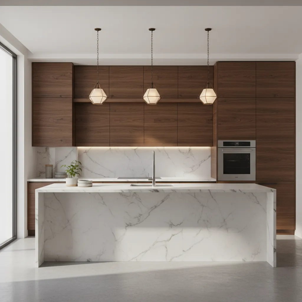 comparison style interior render showing realistic lighting and materials in a modern kitchen