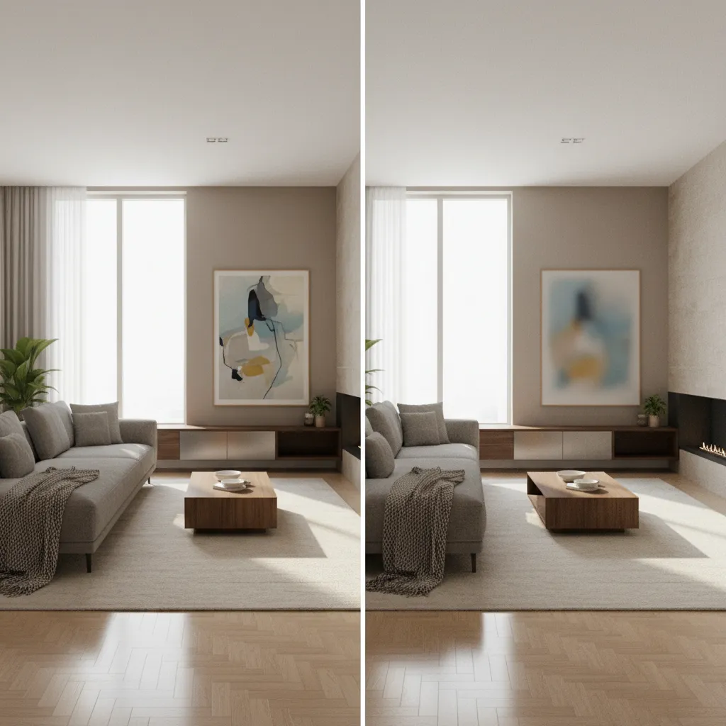 Comparison of interior renders showing lighting and material realism