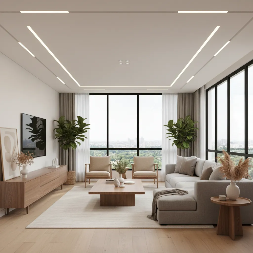 Render realista de salón moderno creado para proyecto de interiorismo
