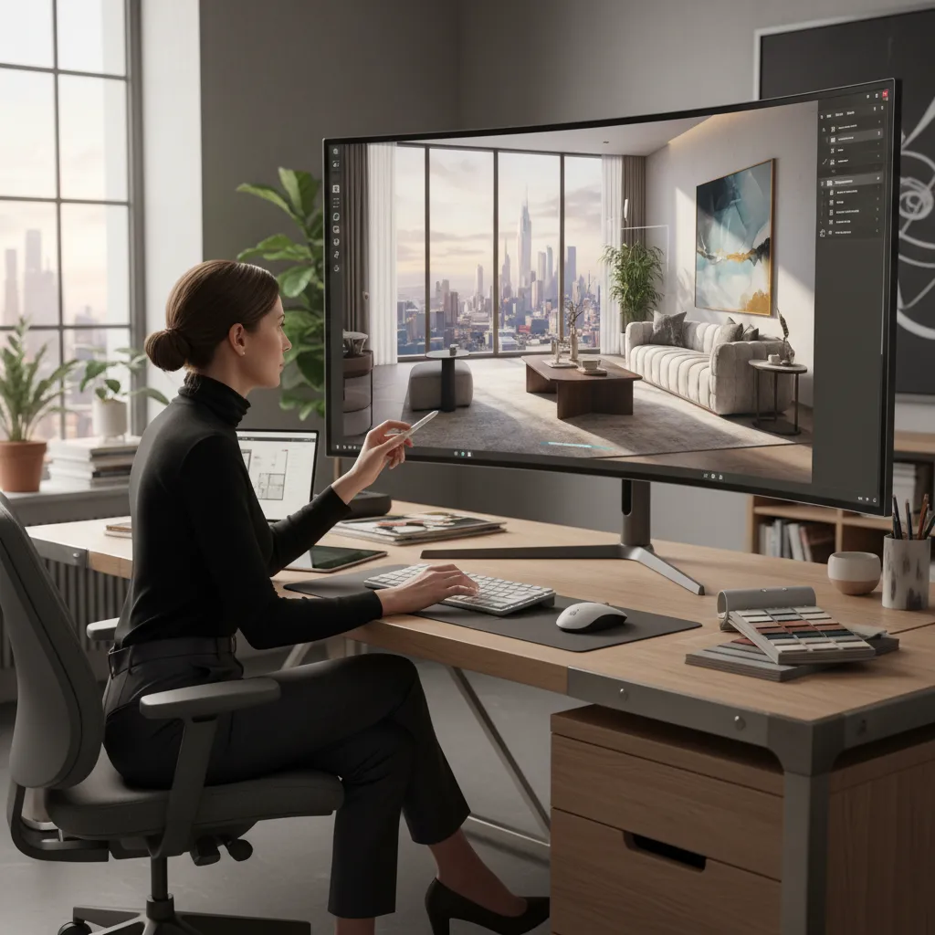 Diseñador revisando un render de interior en pantalla