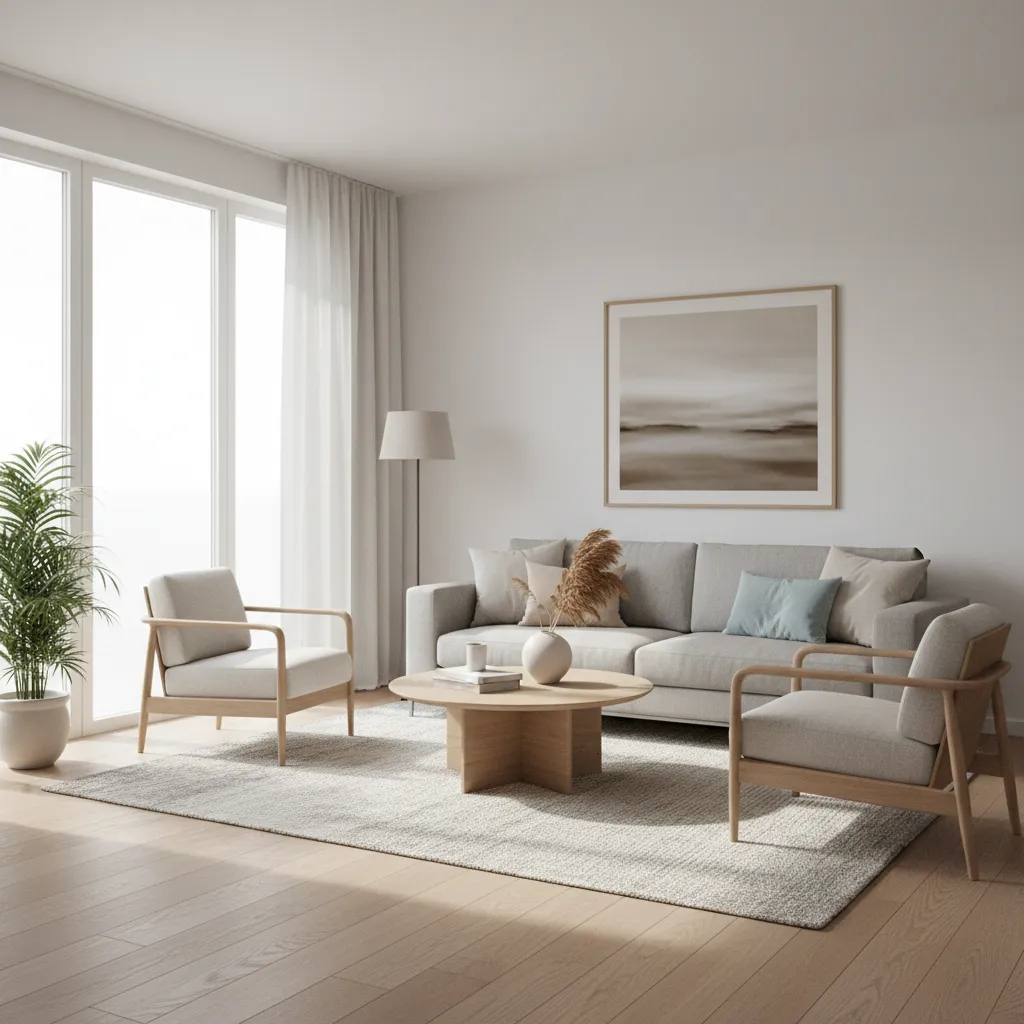 Bright living room with grey sofa, two wooden chairs, round coffee table, and large windows