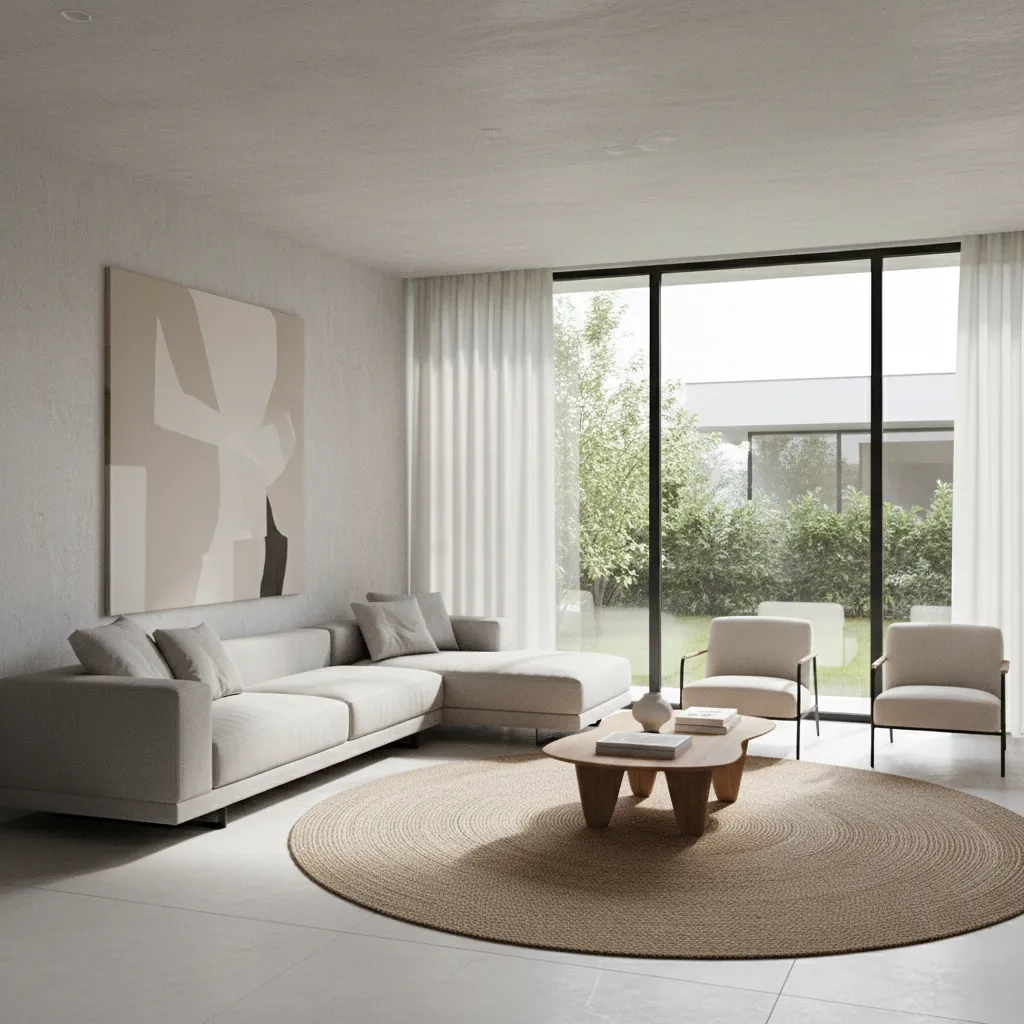 Eye level camera perspective in a modern living room interior render