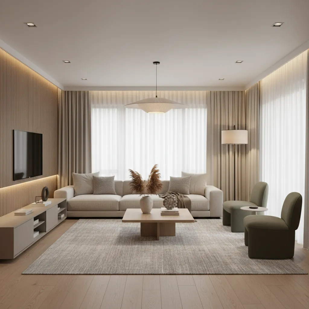 Modern living room with beige sofa wood wall panel coffee table green chairs ceiling light