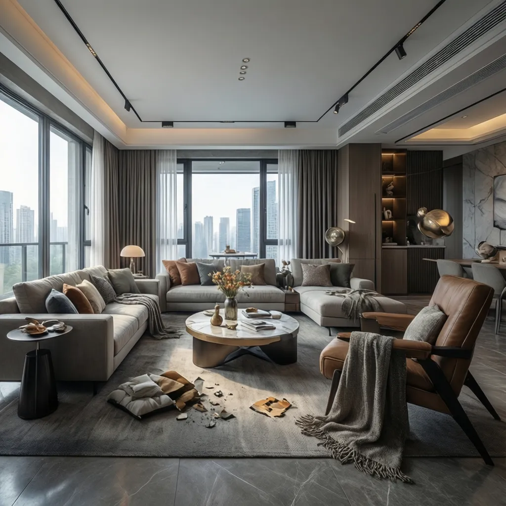 Luxury living room with grey sofas, leather chair, marble coffee table, and big city view