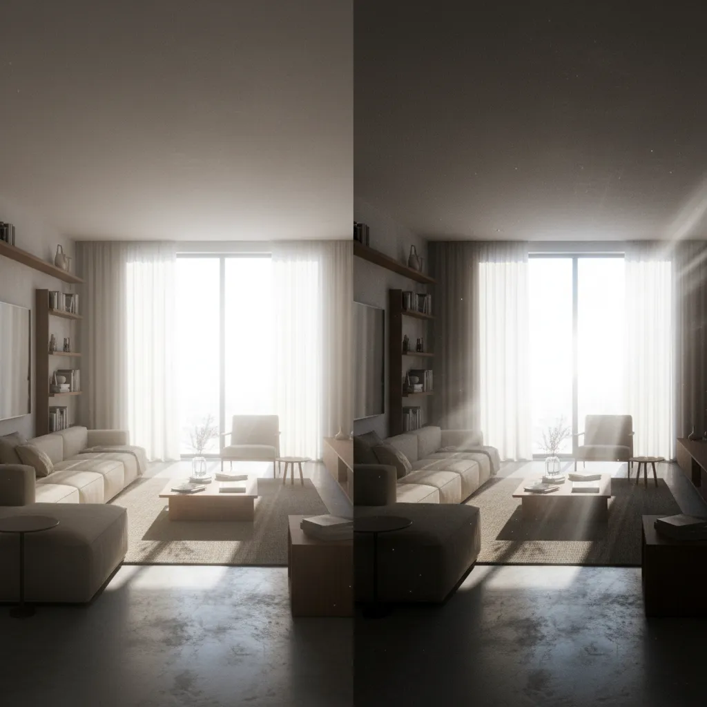 Comparación de iluminación realista en renders de interior