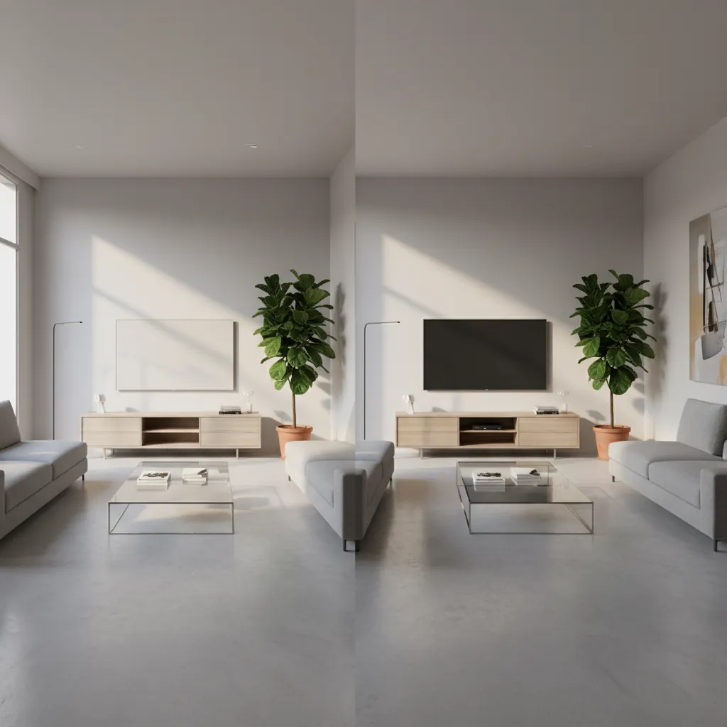 comparison of poor lighting render versus realistic lighting render in interior scene