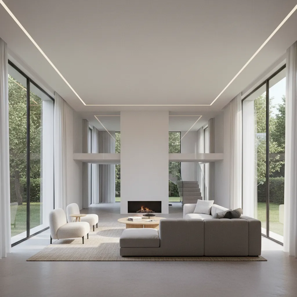 Minimalist living room with grey sofa white armchairs central fireplace large windows and bright lighting