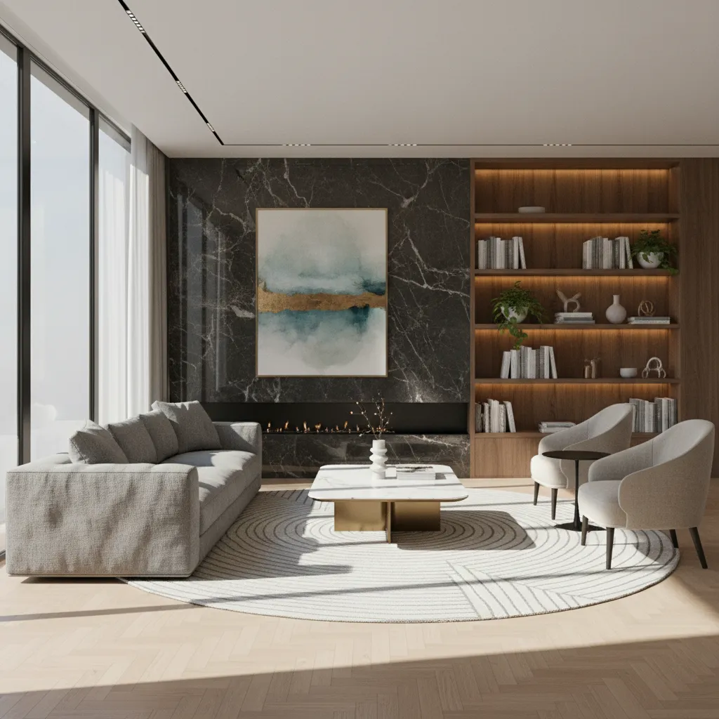 Interior render showing lighting and material testing in a living room