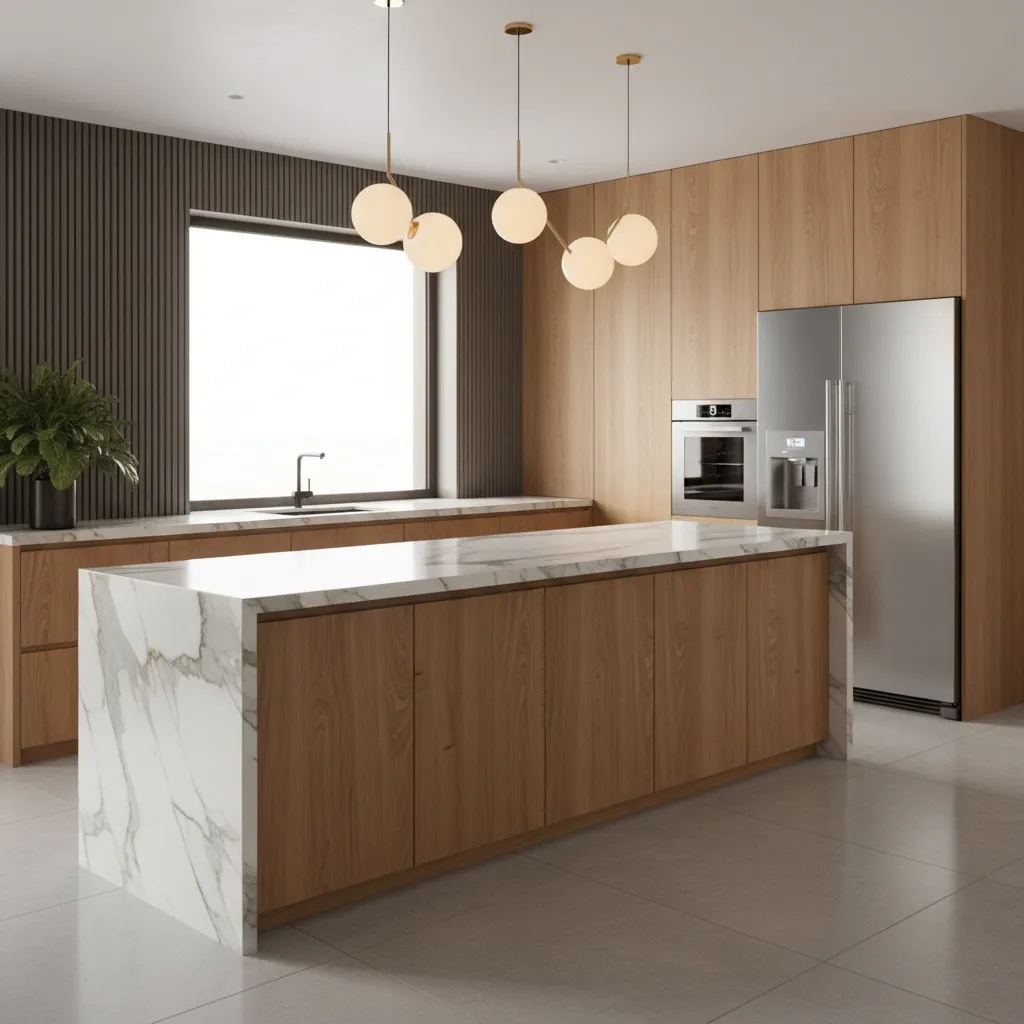 3D rendered kitchen interior showing lighting and material visualization