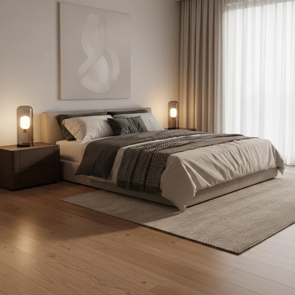 3D interior rendering example showing material and lighting testing in a bedroom