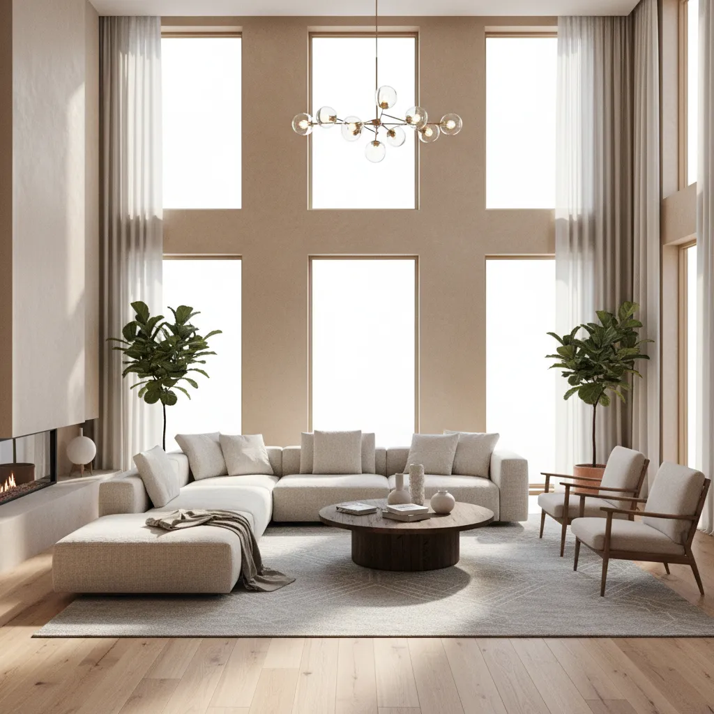photorealistic interior rendering showing natural daylight and realistic materials in a living room