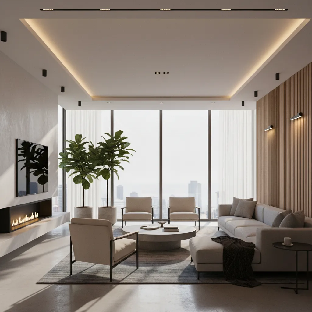 Interior rendering scene showing daylight and artificial lighting setup
