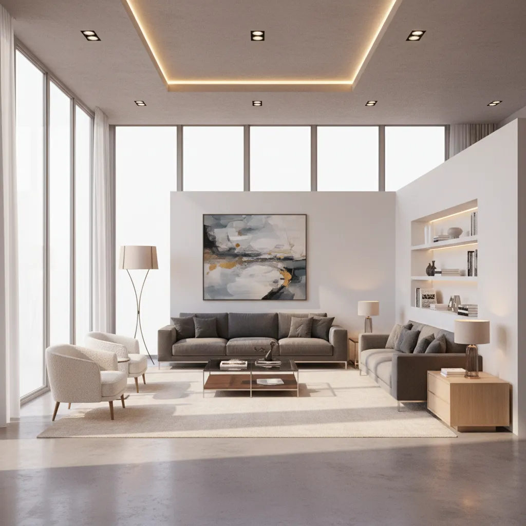 3D interior render demonstrating layered lighting with daylight and interior lamps