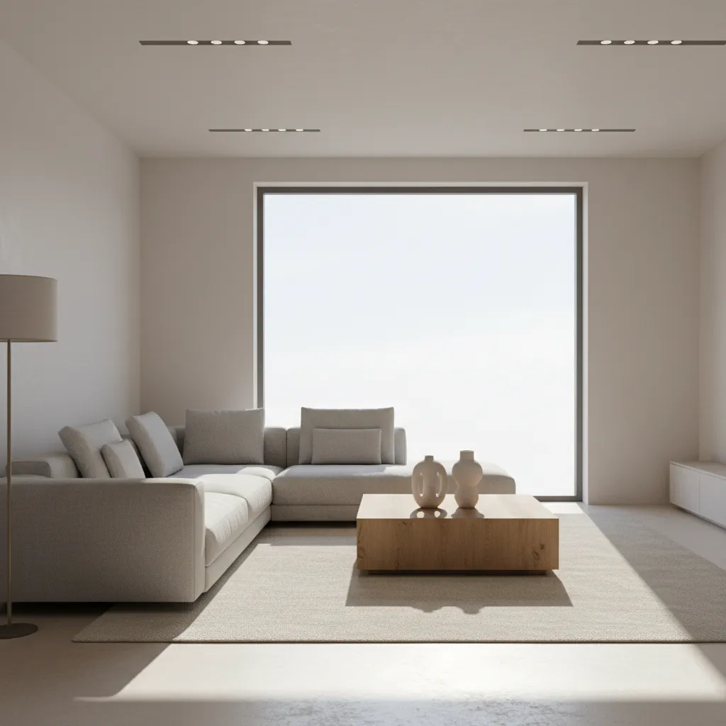 Minimalist living room featuring grey sofa, wooden coffee table, floor lamp, rug, and large bright window