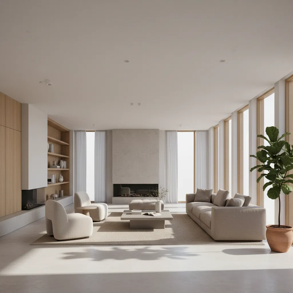 interior 3D render showing natural daylight entering living room through large windows