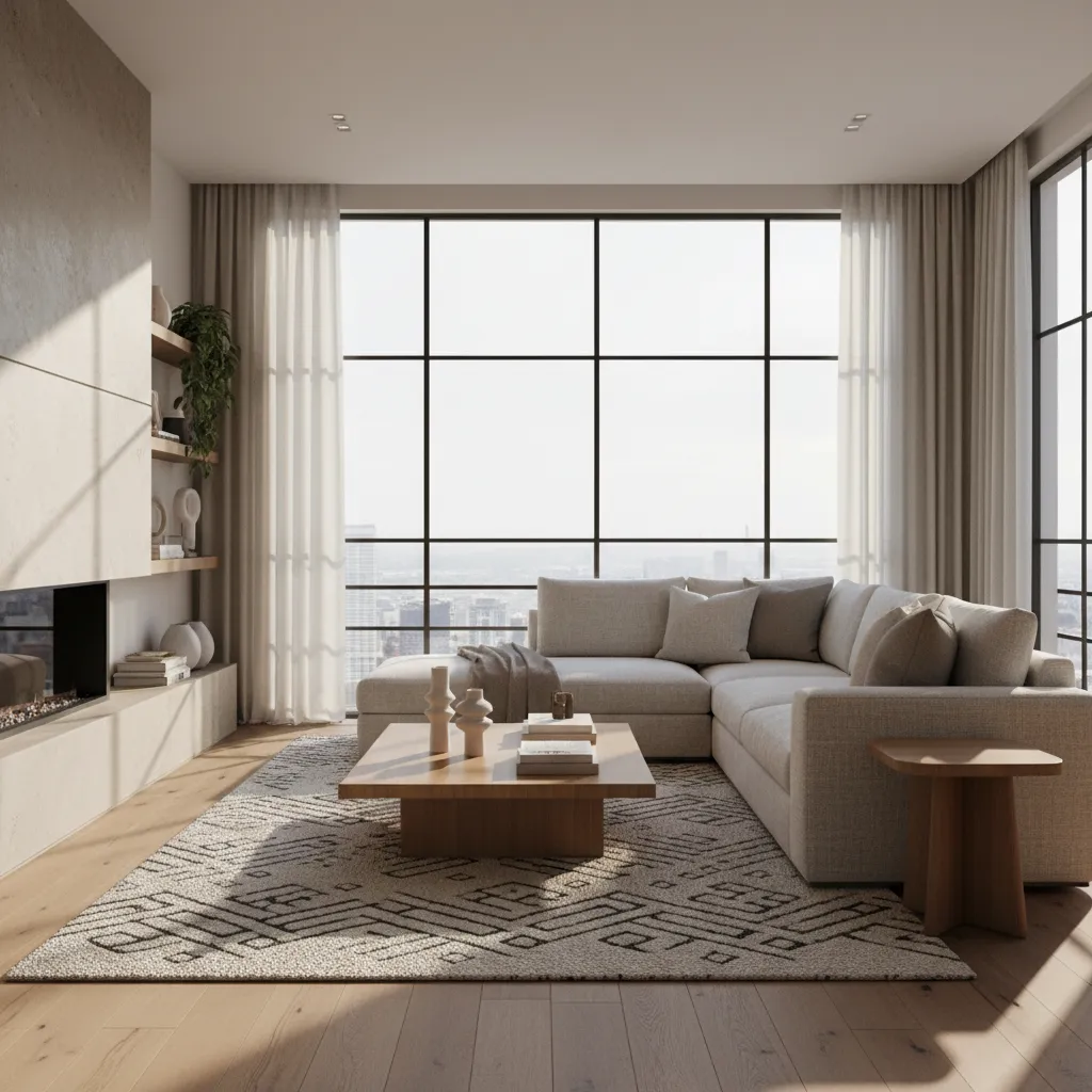 Render realista de salón moderno con decoración contemporánea
