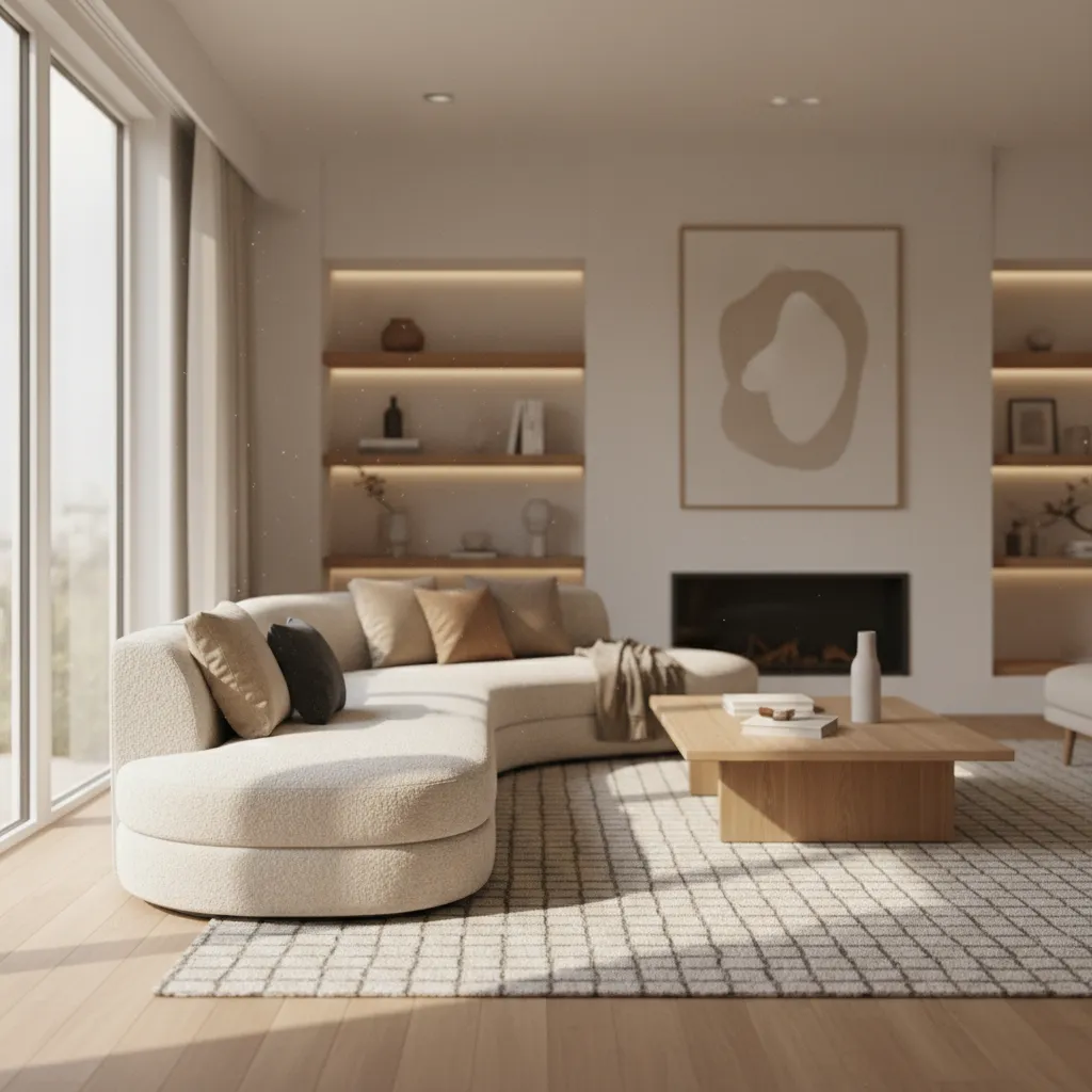 Render de salón contemporáneo con sofá, mesa de centro y luz natural