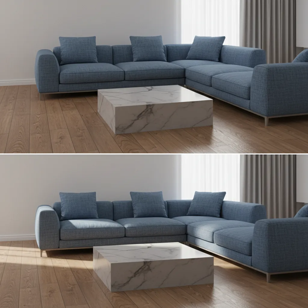 Comparación entre render con materiales básicos y materiales realistas