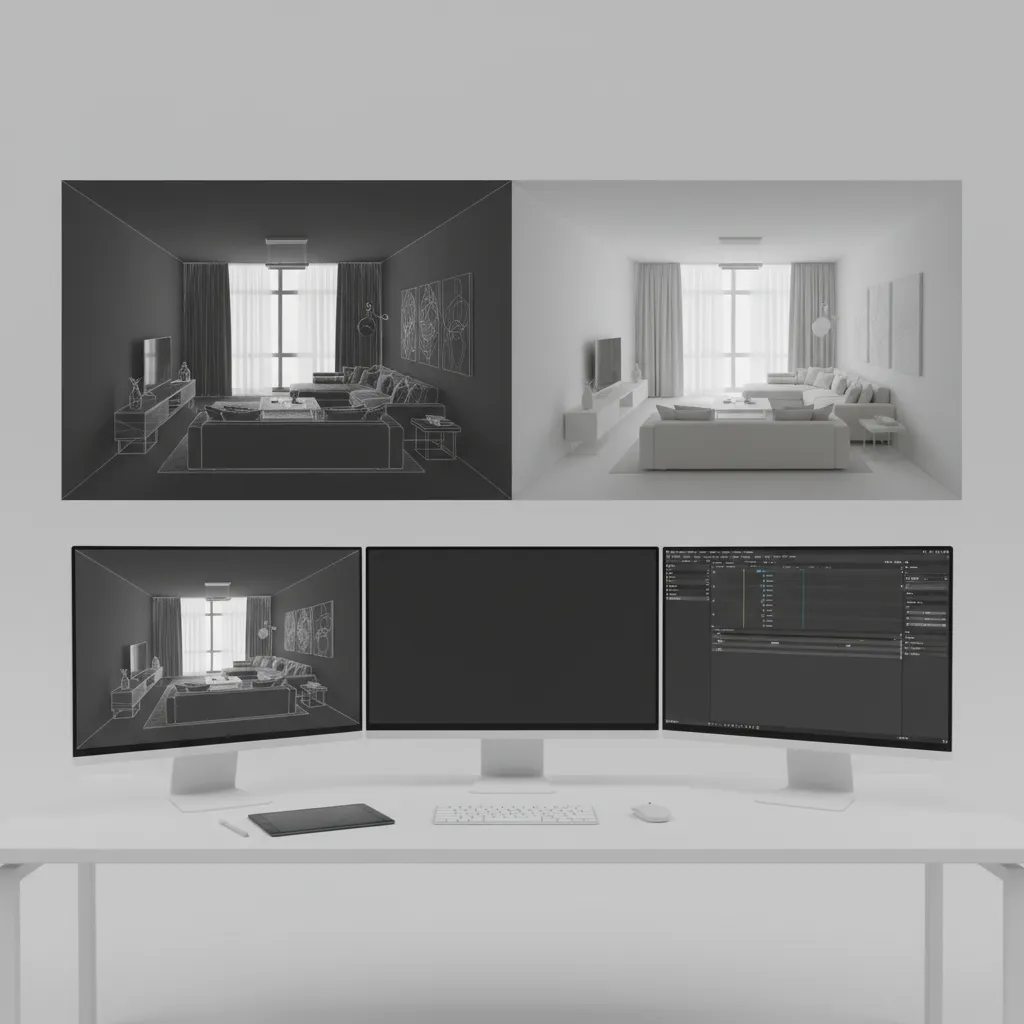 Proceso de modelado de un espacio interior en 3D antes del render final