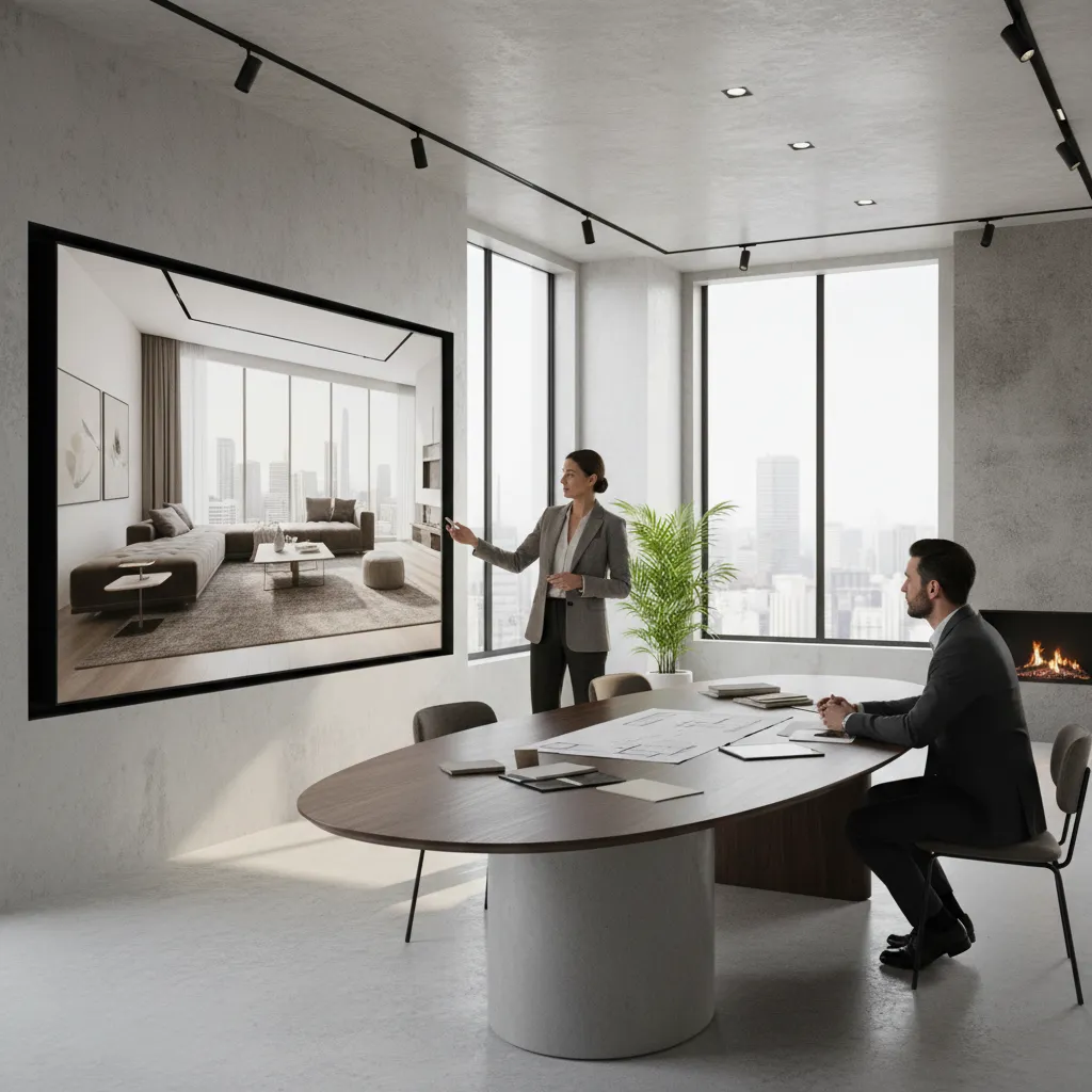 Diseñador presentando render 3D de sala moderna a un cliente