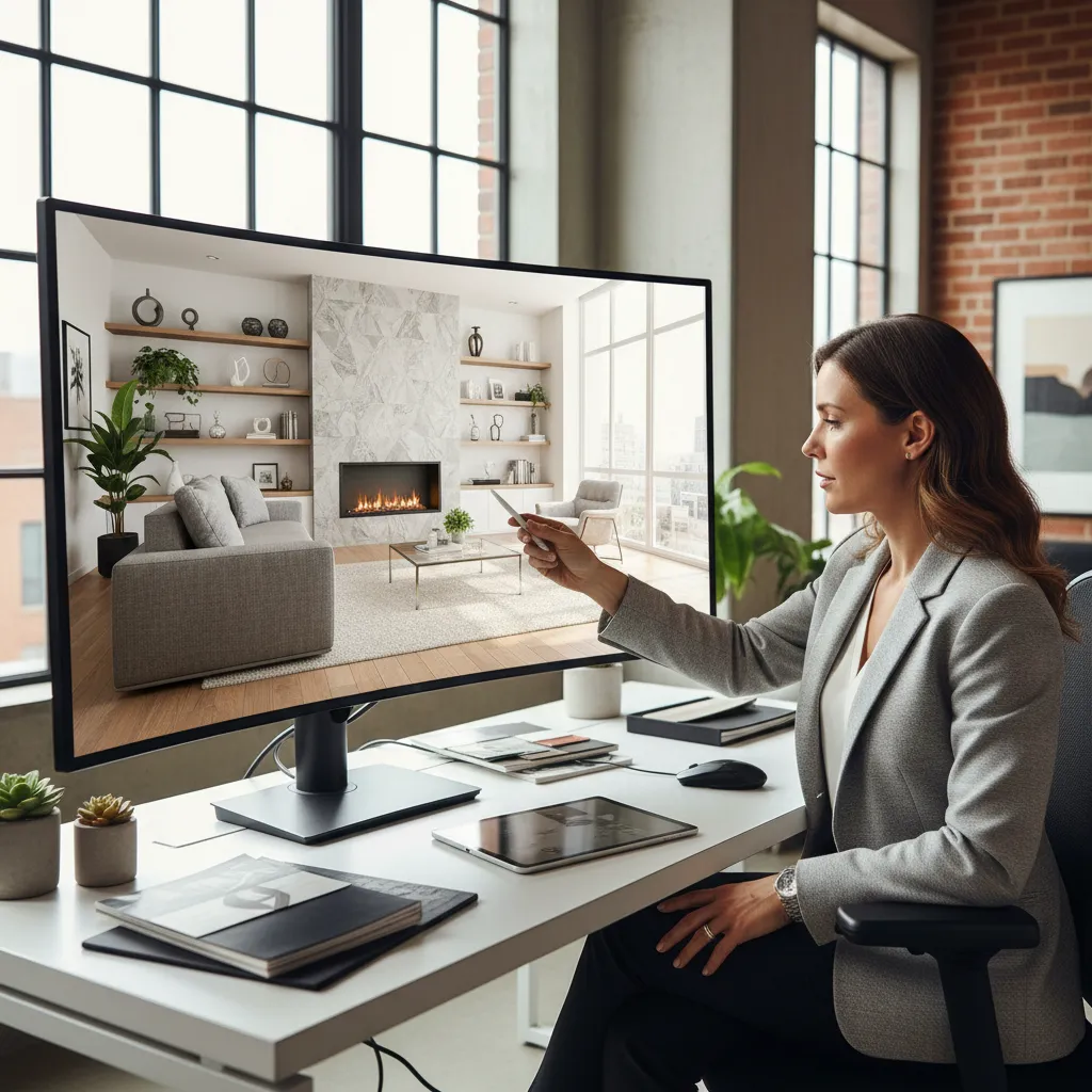 Diseñador mostrando render realista de sala moderna en computadora