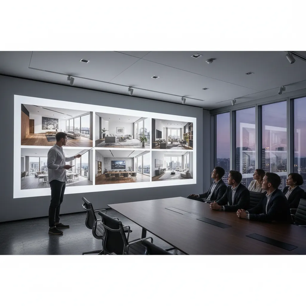 Man presenting interior design drawings on a large screen to people in a meeting room